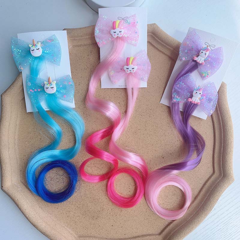 2 buah baru indah putri pelangi busur Unicorn Wig jepit rambut anak perempuan hiasan kepala anak-anak pegangan rambut klip rambut jepit rambut aksesoris rambut