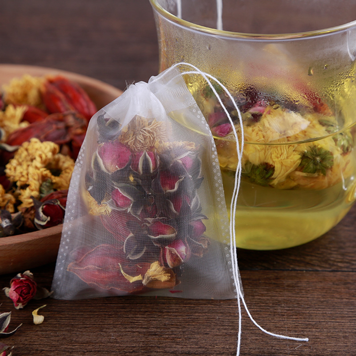 100 sztuk wielokrotnego użytku nylonowe torebki herbaty do luźnej herbaty puste torebki do herbaty jednorazowe torebki herbaty z String Heal Seal filtr Herb torby Teaware