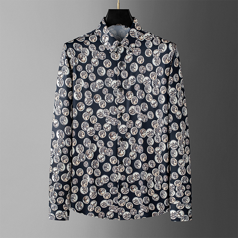 Camisa masculina retro de luxo manga longa fino ajuste casual camisa social moda rua wear palco desempenho vestido camisa roupas masculinas