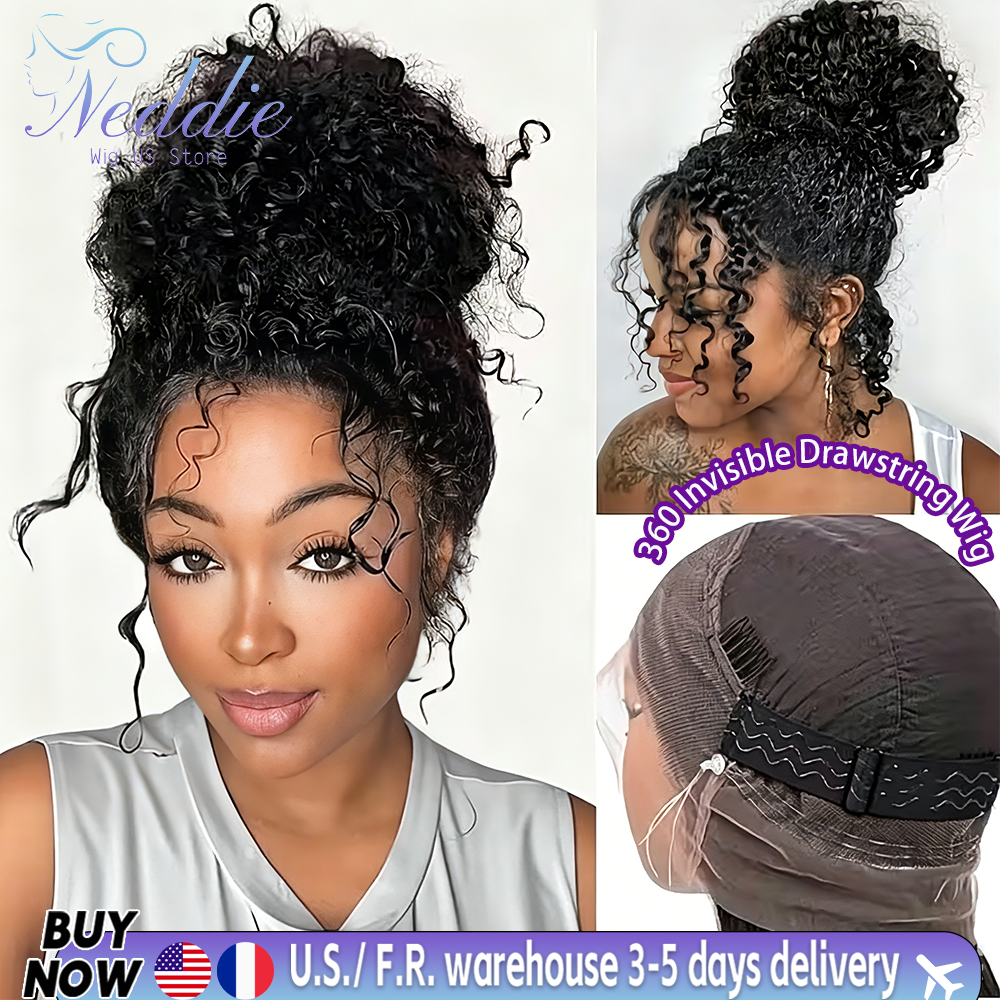 Deep Wave 360 Full Lace Glueless Wig Invisible Drawstring Curly Human Hair Wigs 240 Density 13x4 Lace Front Wig Brazilian Pre Plucked