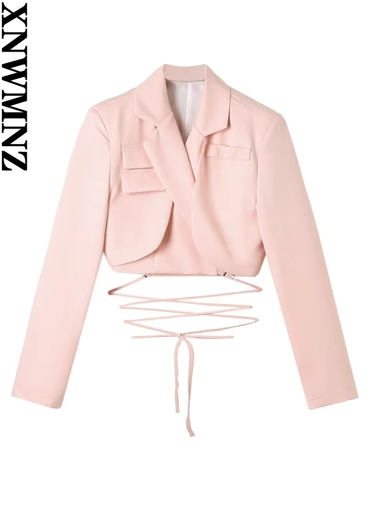XNWMNZ damska moda 2023 Crop Tie blezer kobiety Vintage klapa długi rękaw główna ulica wszechstronny damska odzież wierzchnia eleganckie koszule