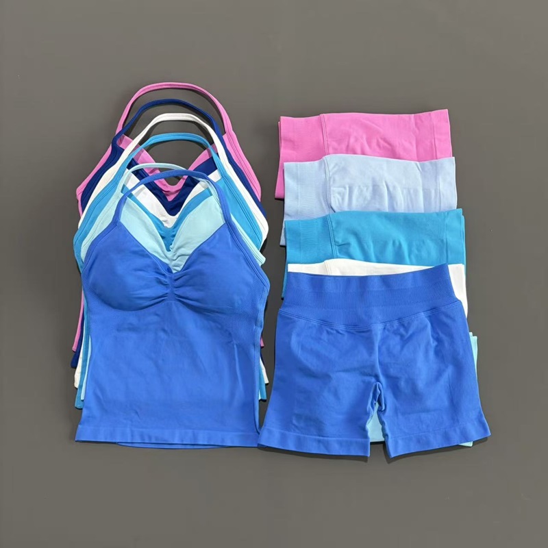 2 Pieces Sports Set Women Backless Halter Tops Fitness Tank Top High Waist Seamless High Stretch Shorts Gym Workout Sets