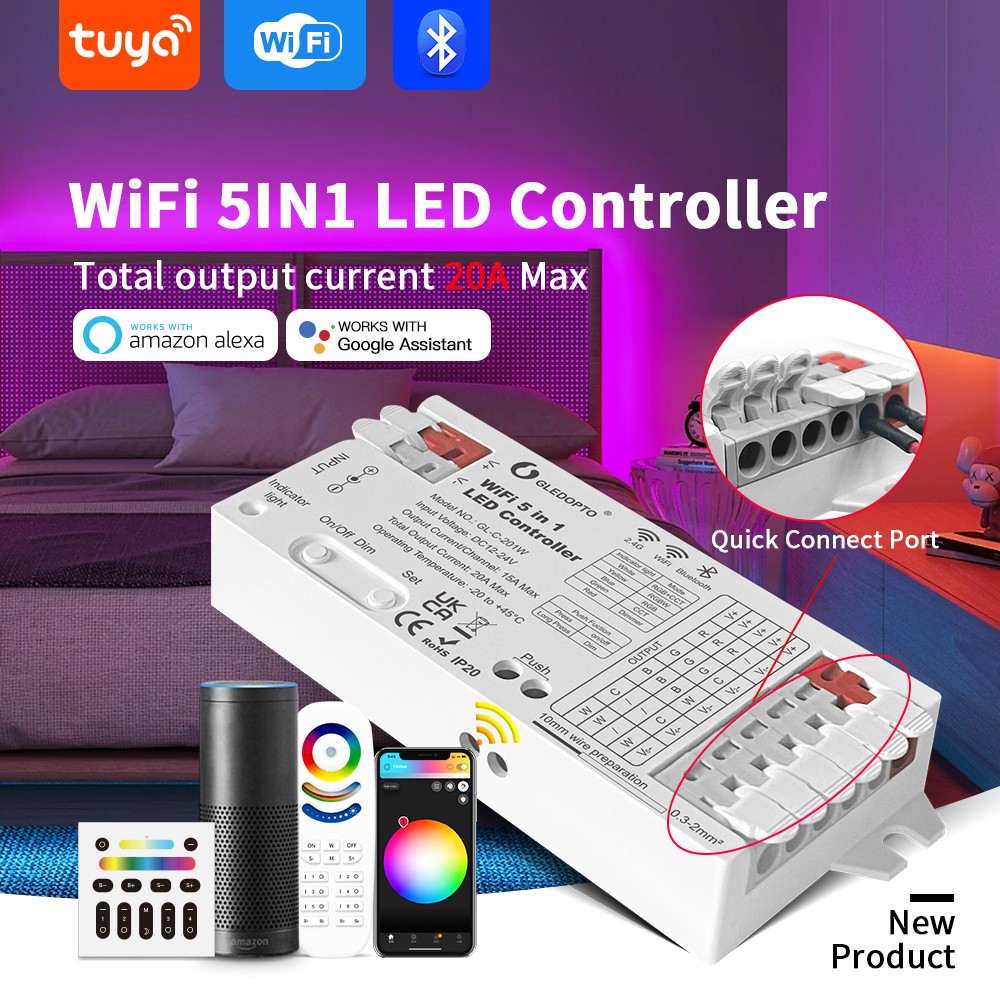 WiFi und Bluetooth 5-in-1-LED-Streifen-Controller, 20 A, RGBCCT, RGBW, RGB, CCT, WWCW-Dimmer, funktioniert mit der Tuya Smart Life App-Steuerung
