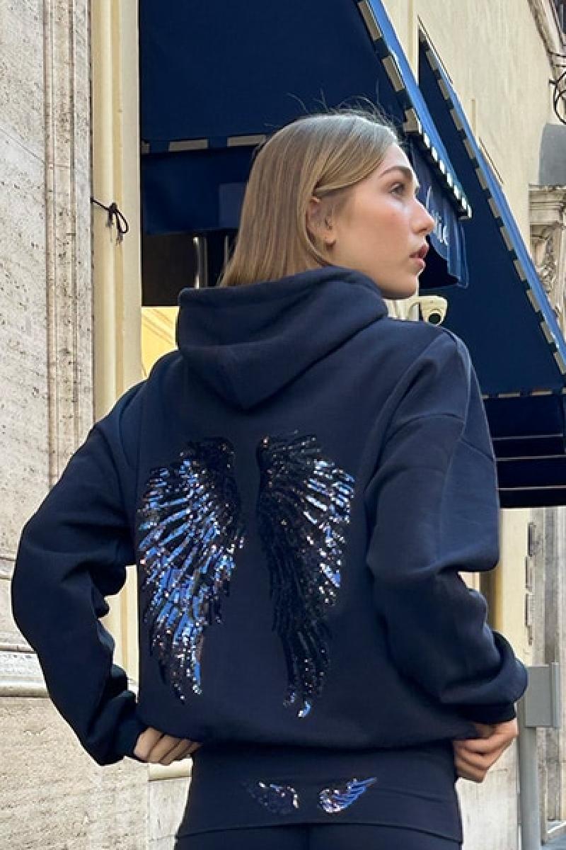 Jersey informal elegante Y2k para mujer, sudadera con capucha con estampado de alas de lentejuelas fáciles de combinar, Tops holgados para ir al trabajo, ropa de oficina para otoño