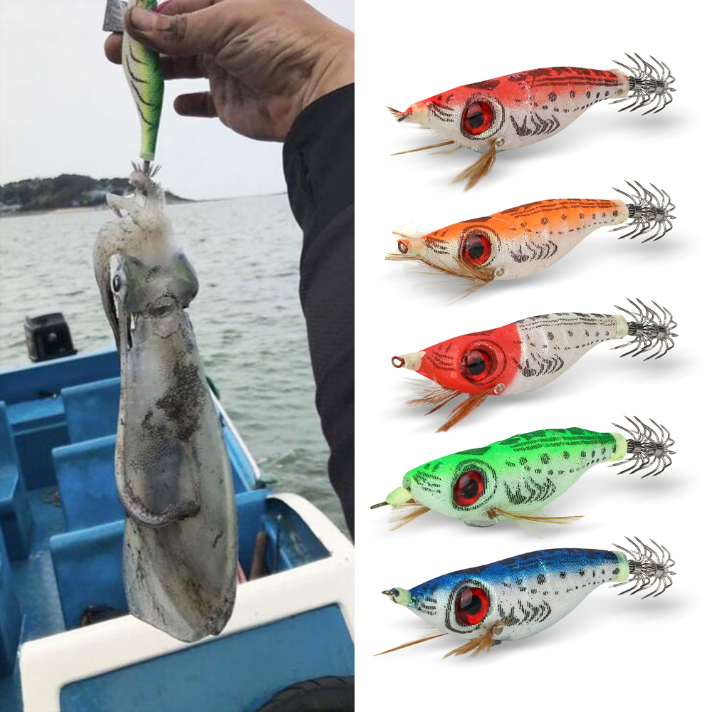 DNDYUJU 5 uds 9g/10cm señuelo de pesca plomo plomo calamar anzuelo conjunto de madera camarones pulpo Artificial sepia camarones cebo duro