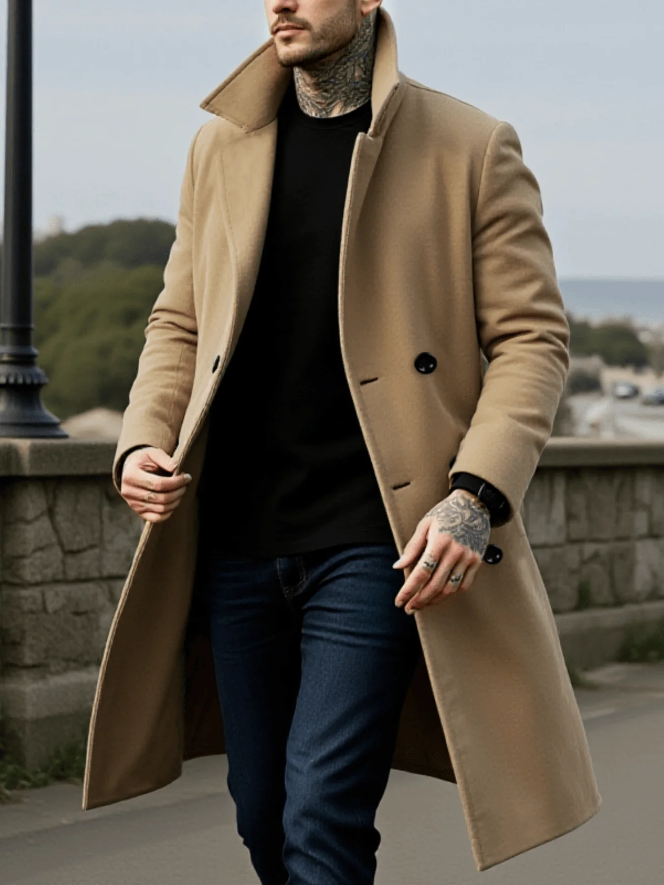 Casaco de inverno masculino de comprimento médio de lã casacos quentes forro duplo breasted lapela jaqueta street wear roupas masculinas outerwears