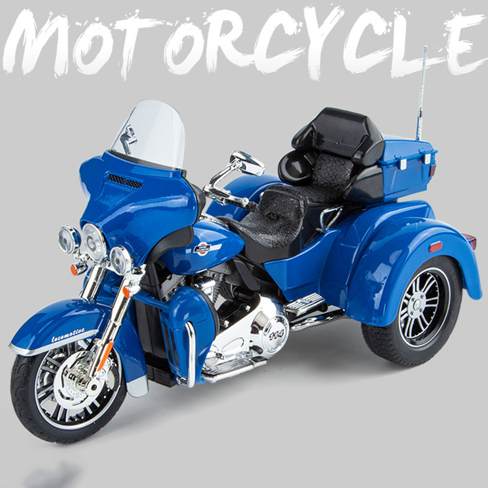 Brinquedos do carro do modelo do triciclo do motor para crianças, liga Diecast, luz sadia, puxar para trás, corpo do metal, pneus de borracha, presentes do festival, 1: 9, festival