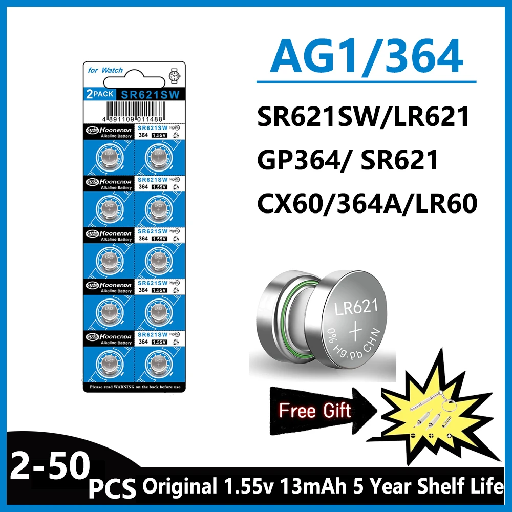 2-50 шт. AG1 LR621 364 V364 164 531 SR621 SR621SW SR60 CX60 1,55 В щелочная батарея для часов, ключ автомобиля, удаленная игрушка, кнопка, монета