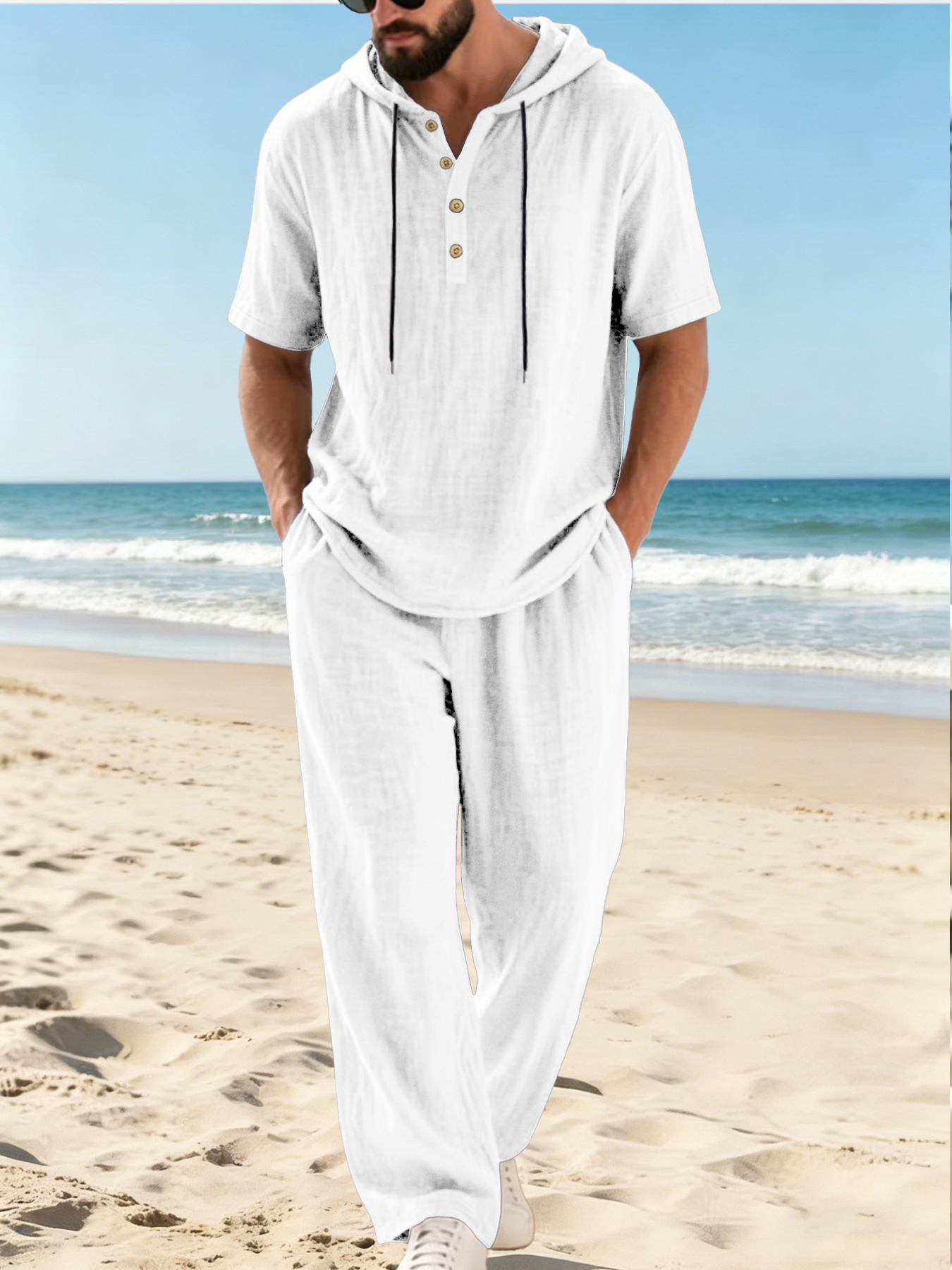 Mens Cotton Linen 2 Piece Set Hooded Short Sleeve Henley Shirt Drawstring Long Pants Breathable Casual Beach Summer Outfit