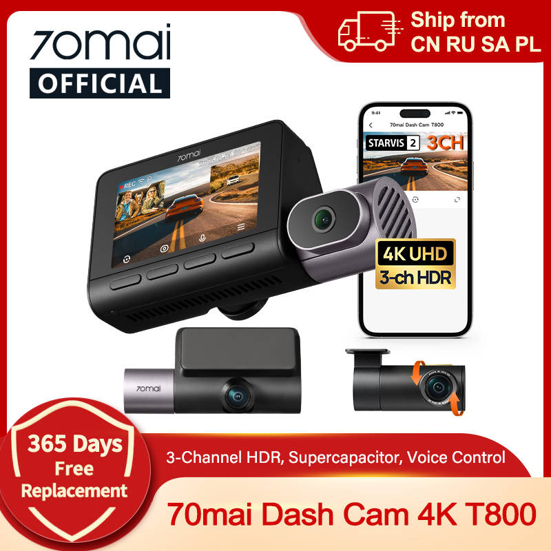 Kamera samochodowa 70mai Dash Cam 4K T800 3-kanałowa HDR z superkondensatorem, nagrywanie z przodu, z tyłu i w kabine, GPS, rejestrator samochodowy DVR 70mai T800, tryb parkowania 24H, obsługa 4G
