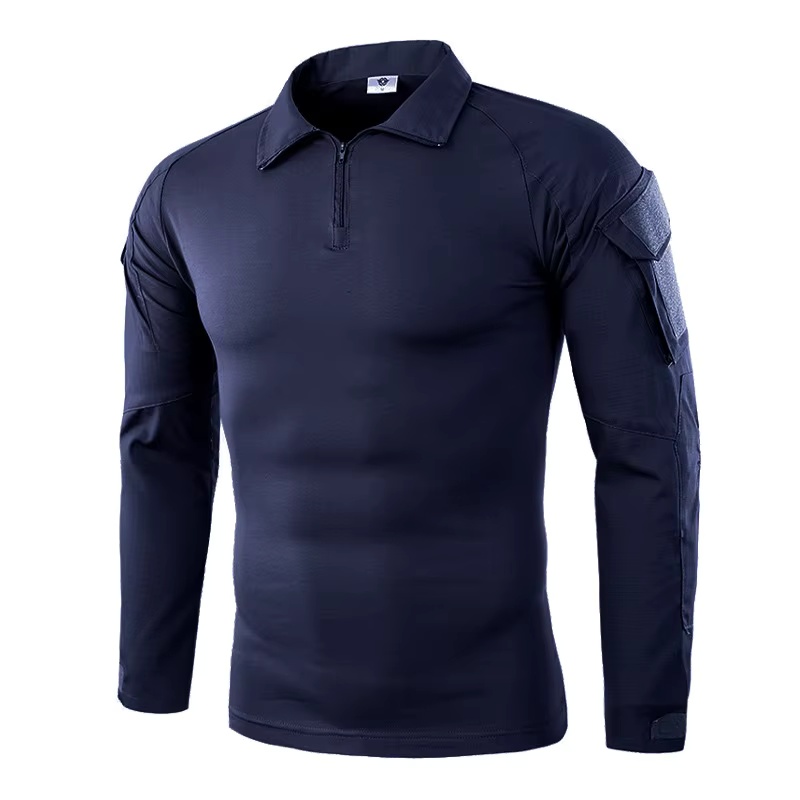 Camicia da combattimento a maniche lunghe da uomo Camicie tattiche in cotone Ripstop con cerniera Magliette softair mimetiche blu navy