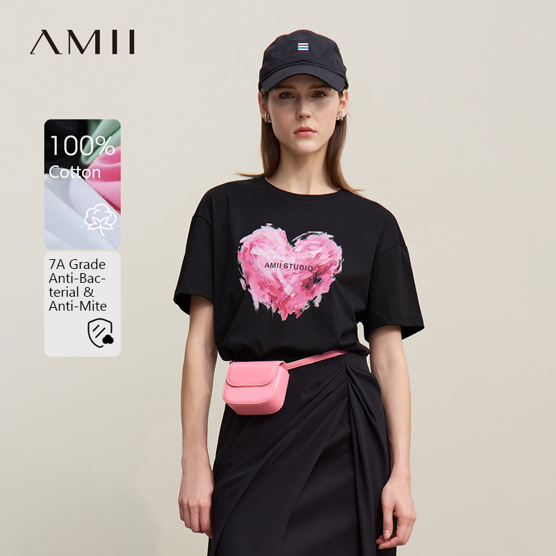 T-shirt femme Amii 2026 été, anti-bactérien, coupe ample, col rond, imprimé cœur, en coton tricoté décontracté, manches courtes, 12622026