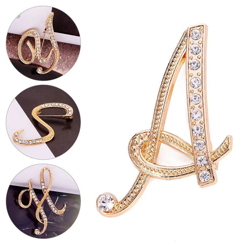A-Z Lettre Broche Femmes Strass Or Clip Métal Alphabet Pins Bijoux DIY Accessoires