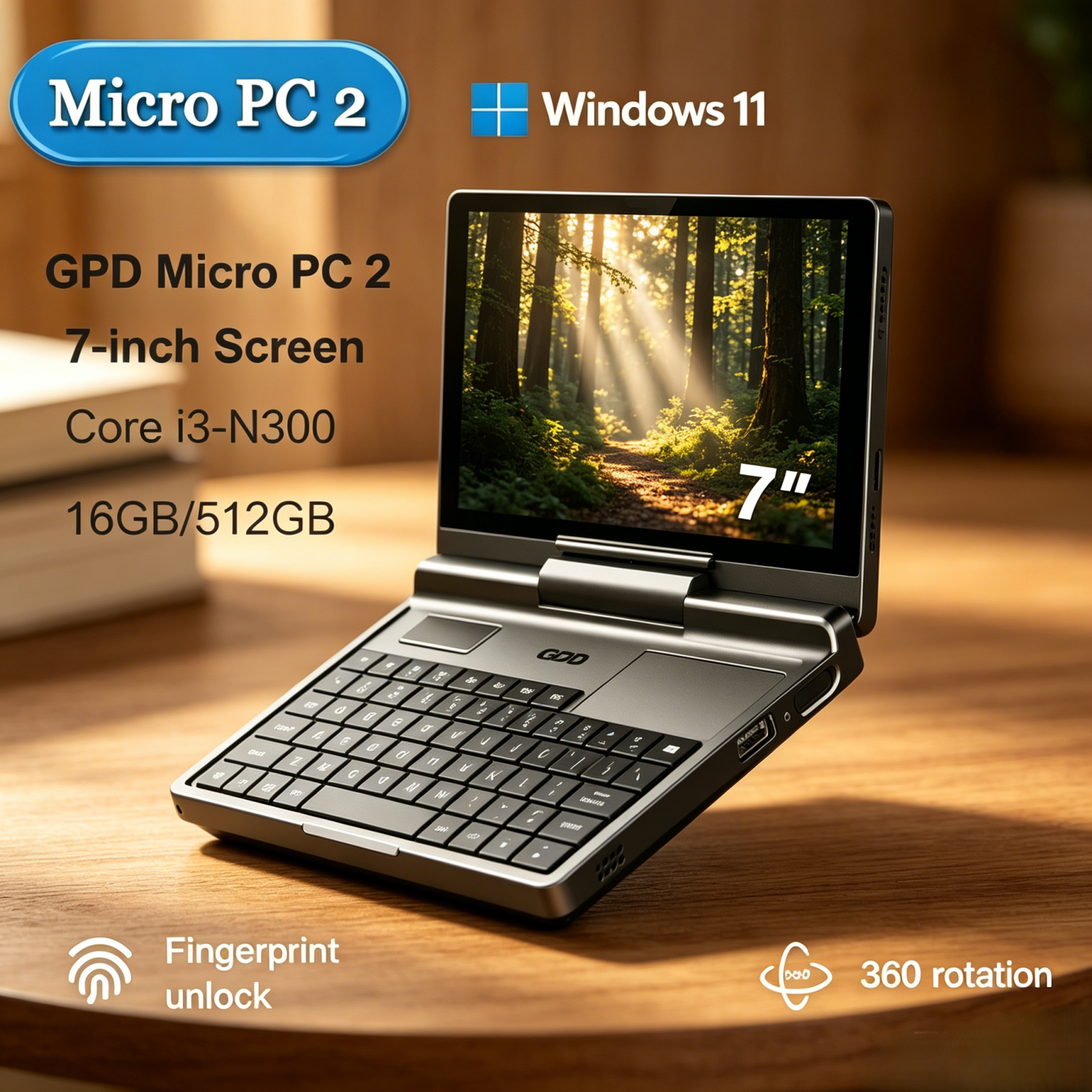 Rise Might GPD Micro PC 2: 7" Bright Touch Screen, 16GB RAM, 512GB SSD, N300 CPU, Windows 11 The Super Palm-Sized Mini Laptop