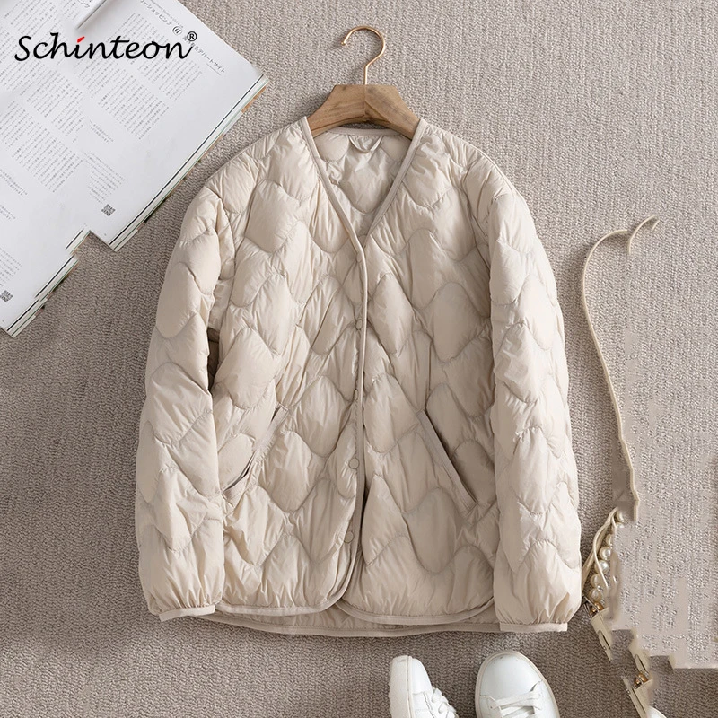 Schinteon Women Ultralight White Duck Down Jacket Argyle V-neck Collar Casual Autumn Winter Outwear Coat 2024 New Fashion