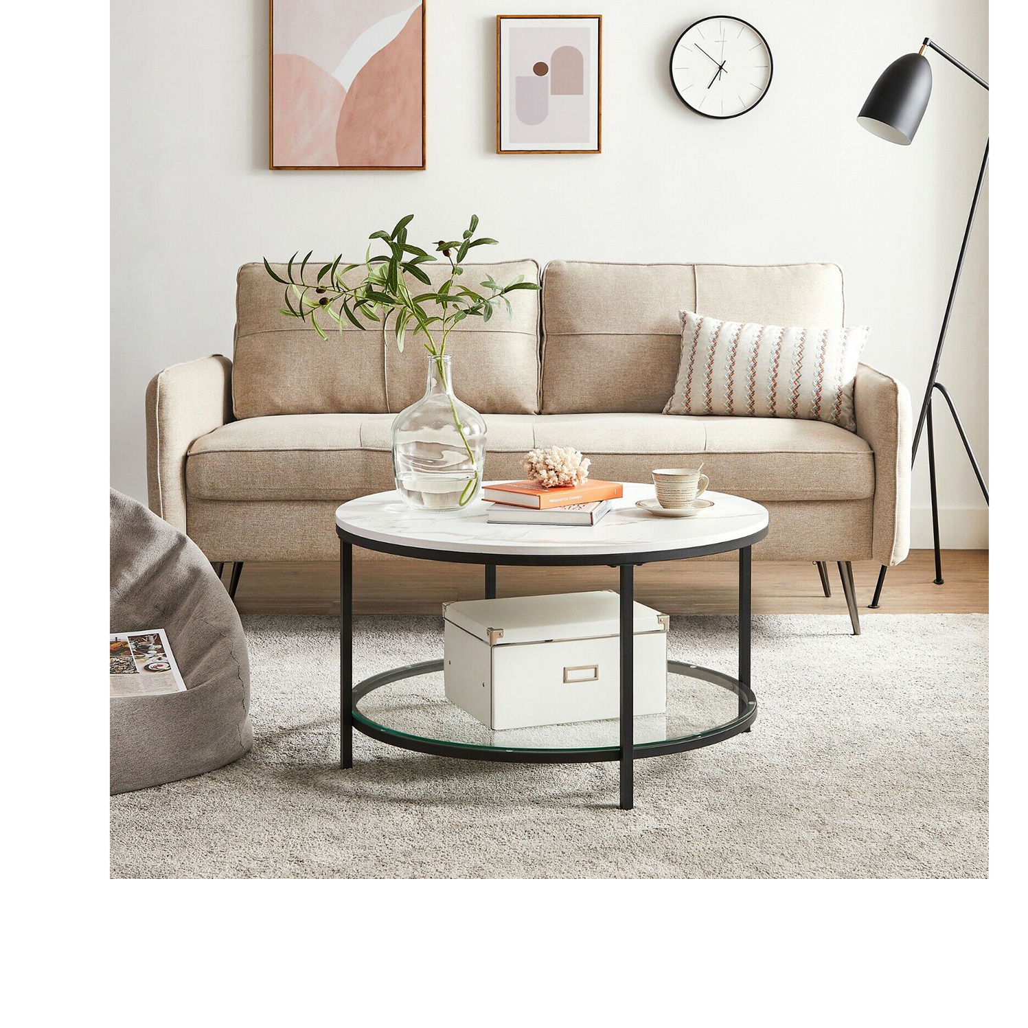 VASAGLE Coffee Table, Living Room Table, Sofa Cocktail Table Faux Marble Round, Tempered Glass Storage Shelf