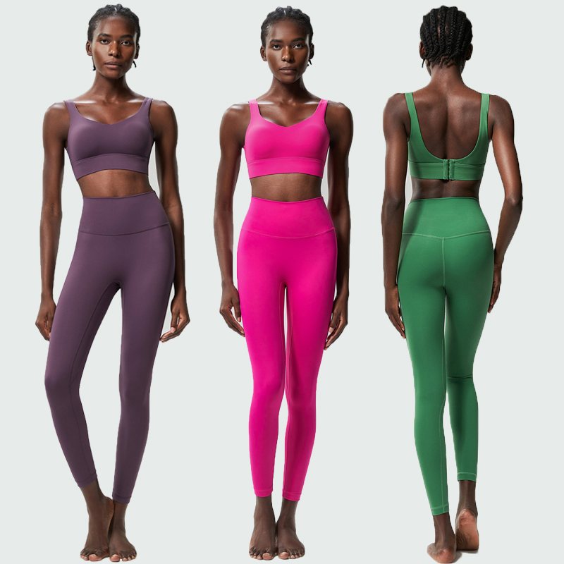 Two Pieces Fitness Yoga Set Women Solid Color Stretchy Soft Gym Suit Breathable Quick Dry Running Sportswear Workout Clothes