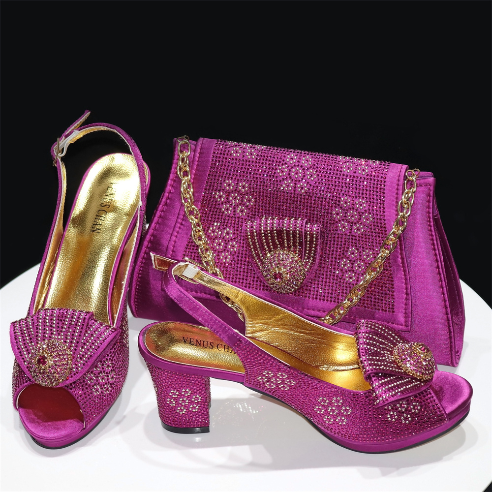 Magenta sandal hak tinggi wanita, Kasut pompa Nigeria mewah cocok dengan tas tangan untuk perempuan CR769