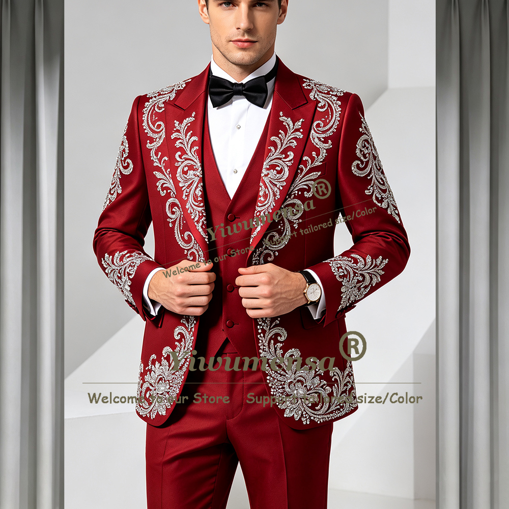 Attractive Men's 3-Piece Suit (Jacket Vest Pant) Slim Fitting Party Set Customized Costume Homme Customized Groom Dinner Tuxedos