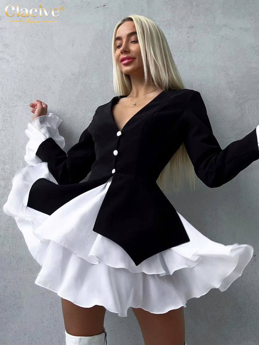 Clacive Fashion Loose Black Patchwork Women Dress 2025 Sexy V-Neck Long Sleeve Mini Dresses Elegancka klasyczna plisowana sukienka damska