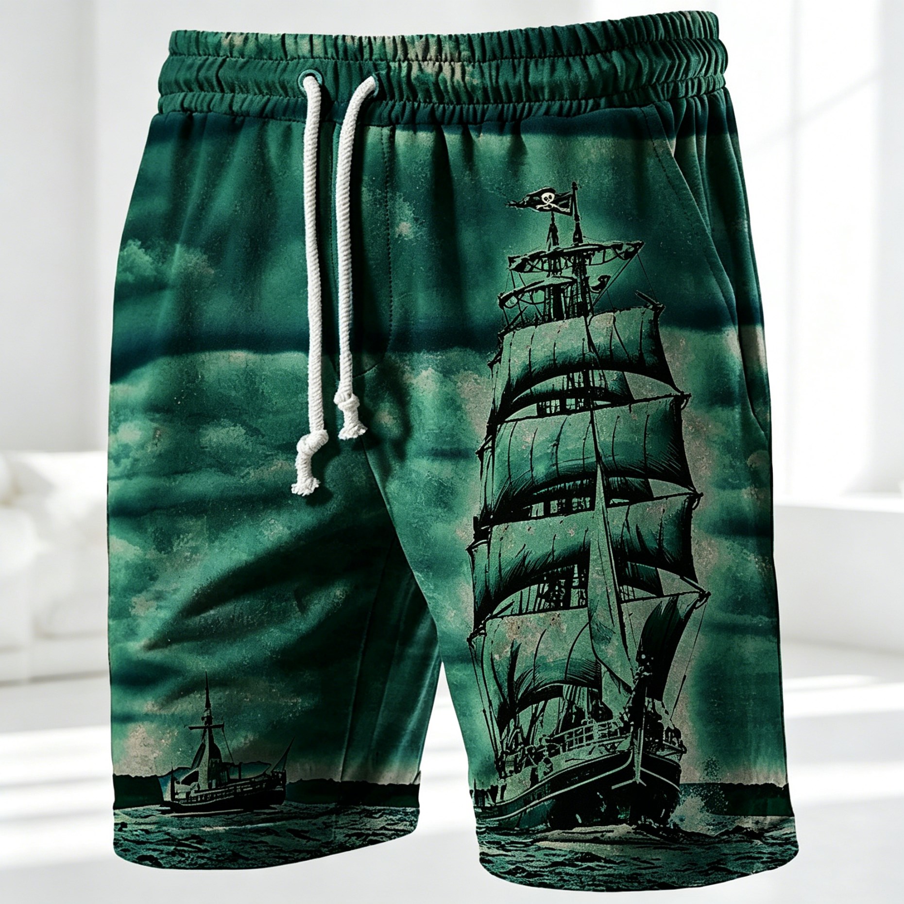 Herren-Shorts mit Kordelzug am Bund und Piratenschiff-Print, lässige Shorts im Vintage-Ozean-Stil für den täglichen Gebrauch im Sommer, im Freien, am Strand, im Urlaub