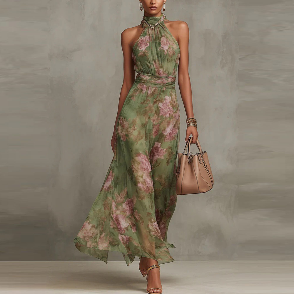 Vrouwelijke lentejurk met bloemenprint, chiffon, lange jurk, boho, mouwloos, zomerstrandjurk, elegante halterjurk, off-shoulder, holle feestjurk