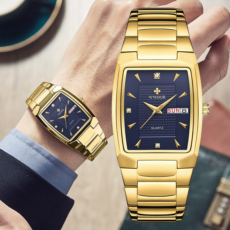WWOOR-Montre de Luxe à Quartz en Acier Inoxydable pour Homme, Horloge Carrée de dehors, Étanche, Semaine et Date, 2024