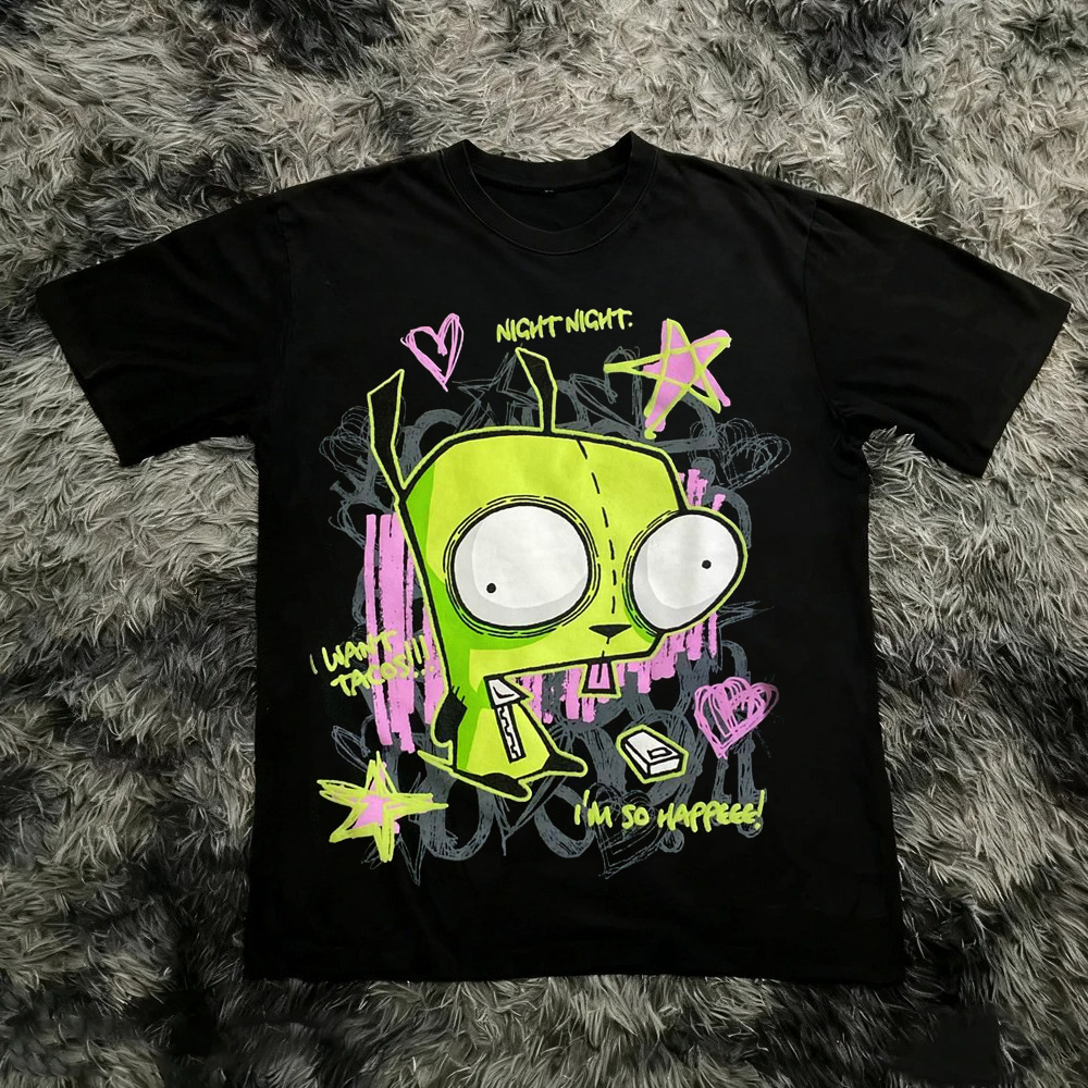 Vintage Invader Zim Cartoon-Print Kurzarm-T-Shirt Retro Unisex Grafik-T-Shirt 90er Nostalgie Sommer Streetwear Y2K T-Shirt Top