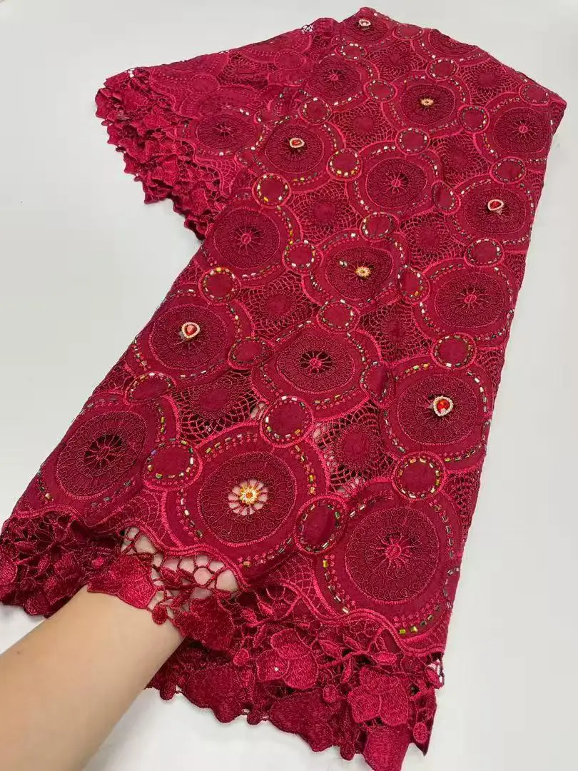 Tecido de Chiffon com Renda Guipure Africana e Strass de Alta Qualidade Solúvel em Água para Vestido de Festa Nigeriano - Material de Costura
