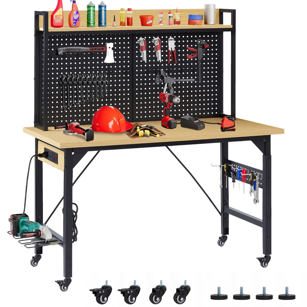 Bancada de trabalho ajustável de 48'' com painel perfurado, bancada de madeira resistente com capacidade para 1600 lb.
