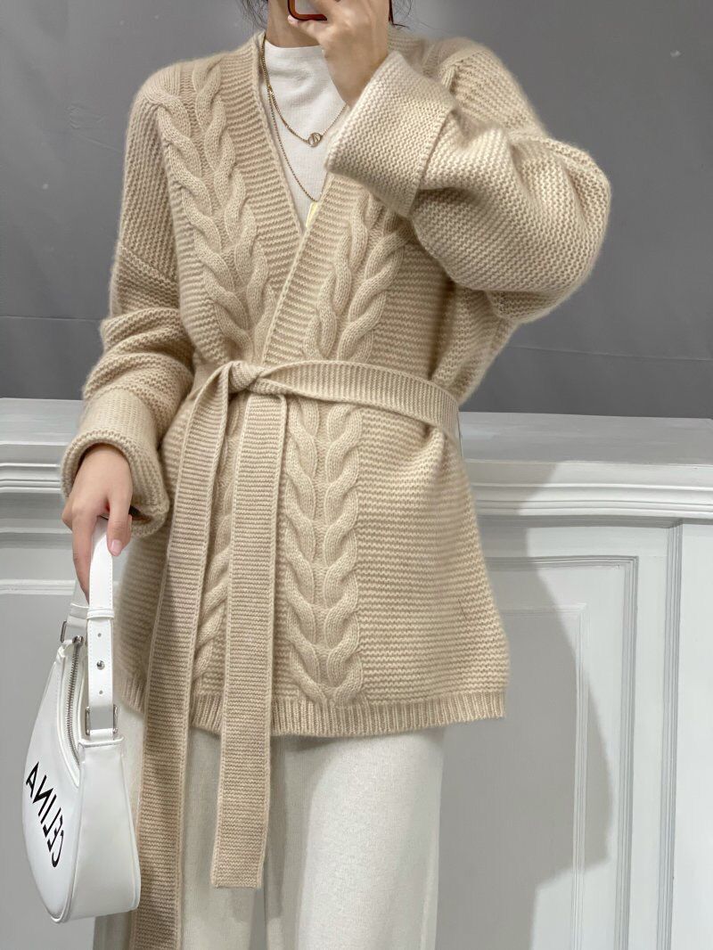 Nuovo cardigan in cashmere autunno/inverno da donna con scollo a V, cintura imbottita pesante, cappotto lungo lavorato a maglia, maglione pigro all'esterno.