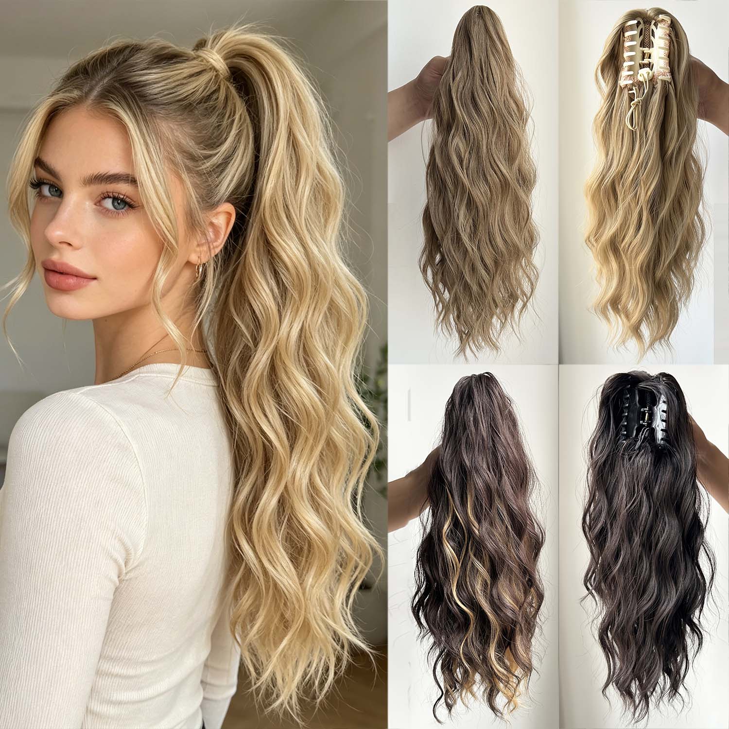 Cola de caballo rubia con clip de 16 pulgadas, extensiones de cabello ondulado natural con clip, postizo de cola de caballo gruesa para uso diario de mujeres