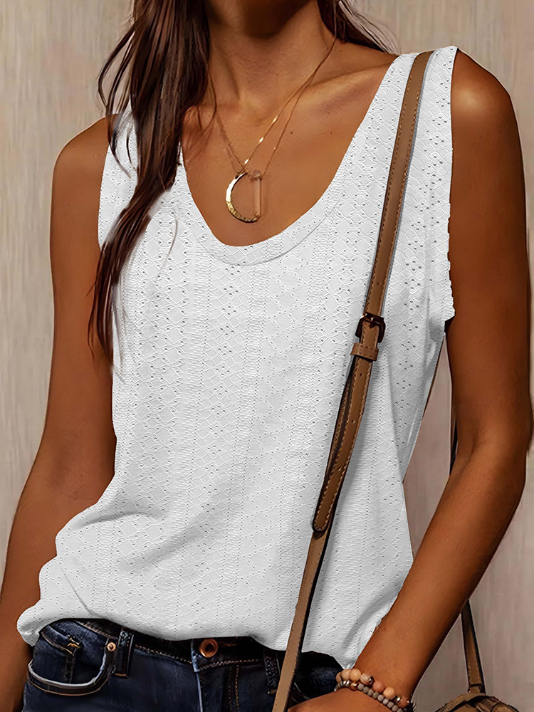 Top Feminino Sem Mangas Branco com Decote em V Textura Perfurada Relaxado Fresco Elegante Casual Diário