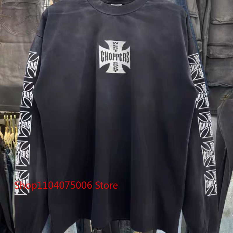 T-shirt vintage délavé à manches longues pour homme, imprimé croisé devant et derrière, style motard