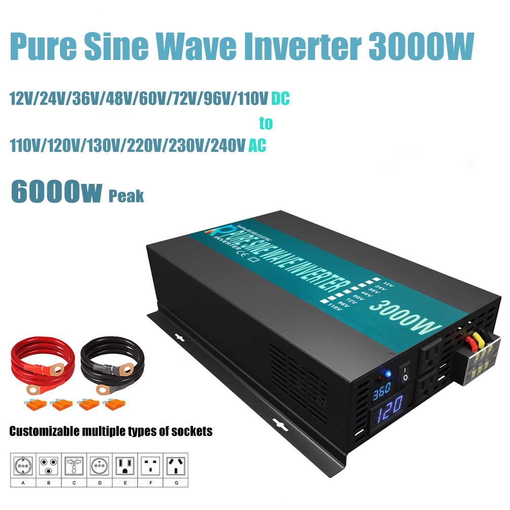 Niezawodny falownik czystej fali sinusoidalnej 3000W 24V 220V Panel słoneczny Power Bank Generator konwerter 12V/36/48VDC do 110V/120V/230V/240VAC