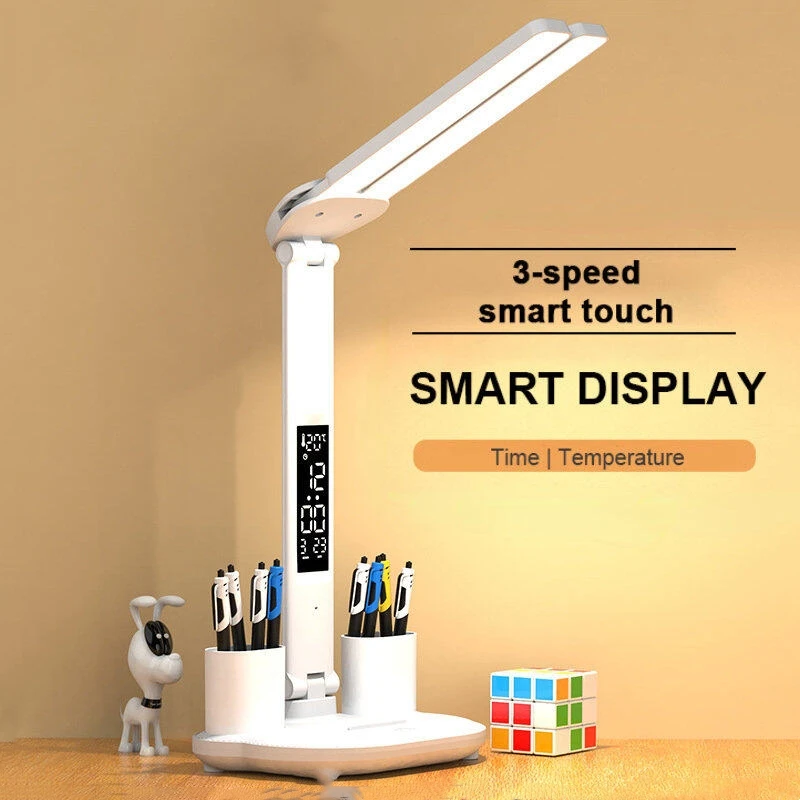 Lámpara de mesa con reloj LED, lámpara de escritorio regulable recargable por USB, 2 cabezales, rotación de 180, protección ocular plegable, luz nocturna de lectura