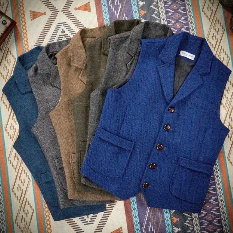 Männer Weste Royal Blue Steampunk Formale Männliche Ethnische Fischgräten Wolle Tweed Vintage Für Hochzeit Business Bankett Weste