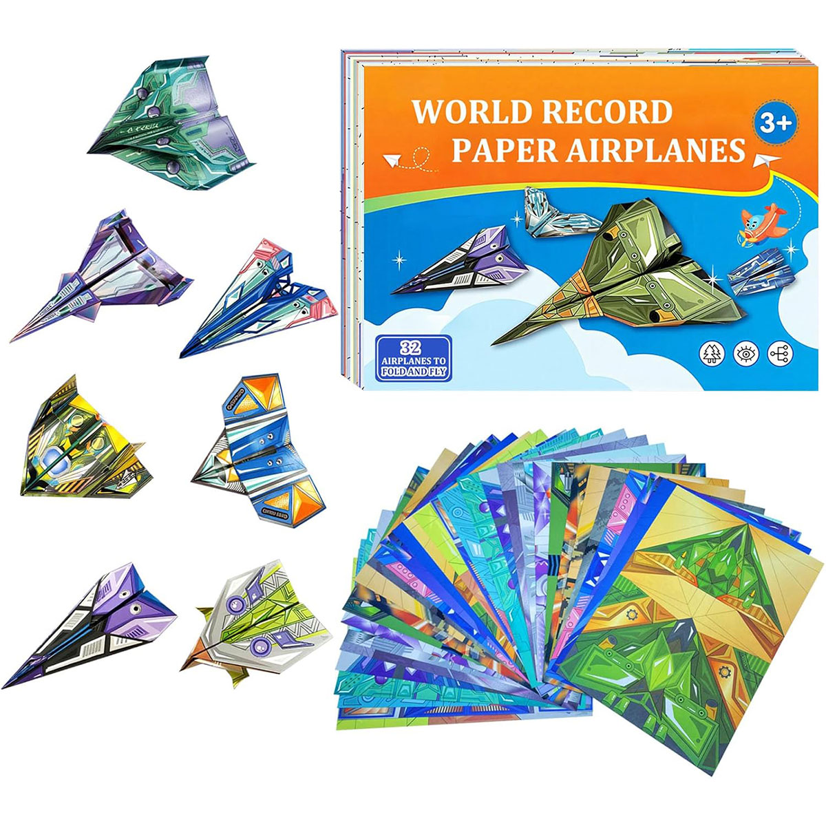 Paper Airplane Kits 16/32pcs Classic Origami Designs World Record Paper Planes Model DIY Creative Aircraft Toys Gifts for 5-12Y