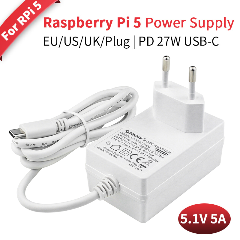 Raspberry beri Pi 5 27W pengisi daya USB Tipe C, catu daya USB Tipe C 5.1V 5A EU US UK colokan untuk Raspberry Pi 5 / 4B RPI 5