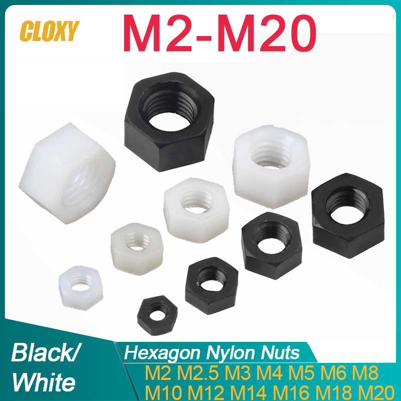 5-50 peças M2 M2.5 M3 M4 M5 M6 M8 M10 M12 M14 M16 M18 M20 Porca hexagonal de nylon plástico branca ou preta DIN934