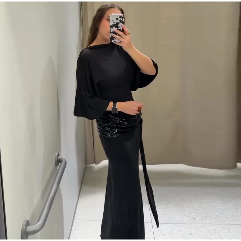 Sukienka maxi damska bez pleców, z cekinami, patchworkowa, elegancka, z szerokimi rękawami, długa, kobieca, nowa moda, na wieczorne przyjęcie, codzienna.