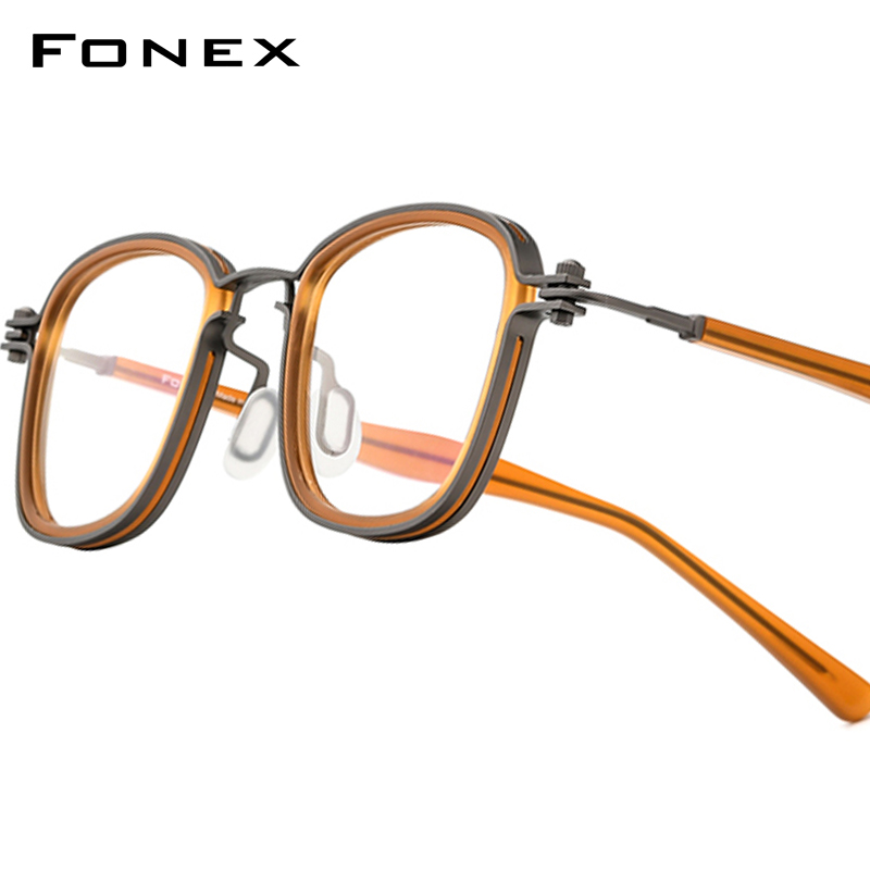 FONEX Acetat Legierung Gläser Rahmen Männer Marke Design Retro Vintage Platz Brillen Frauen Koreanische Schraubenlose Japanische Brillen 1026