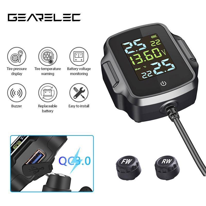 TPMS de motocicleta con salida USB de carga rápida QC 3,0, sistema de supervisión de presión de neumáticos de motocicleta, sistema de alarma de temperatura de neumáticos