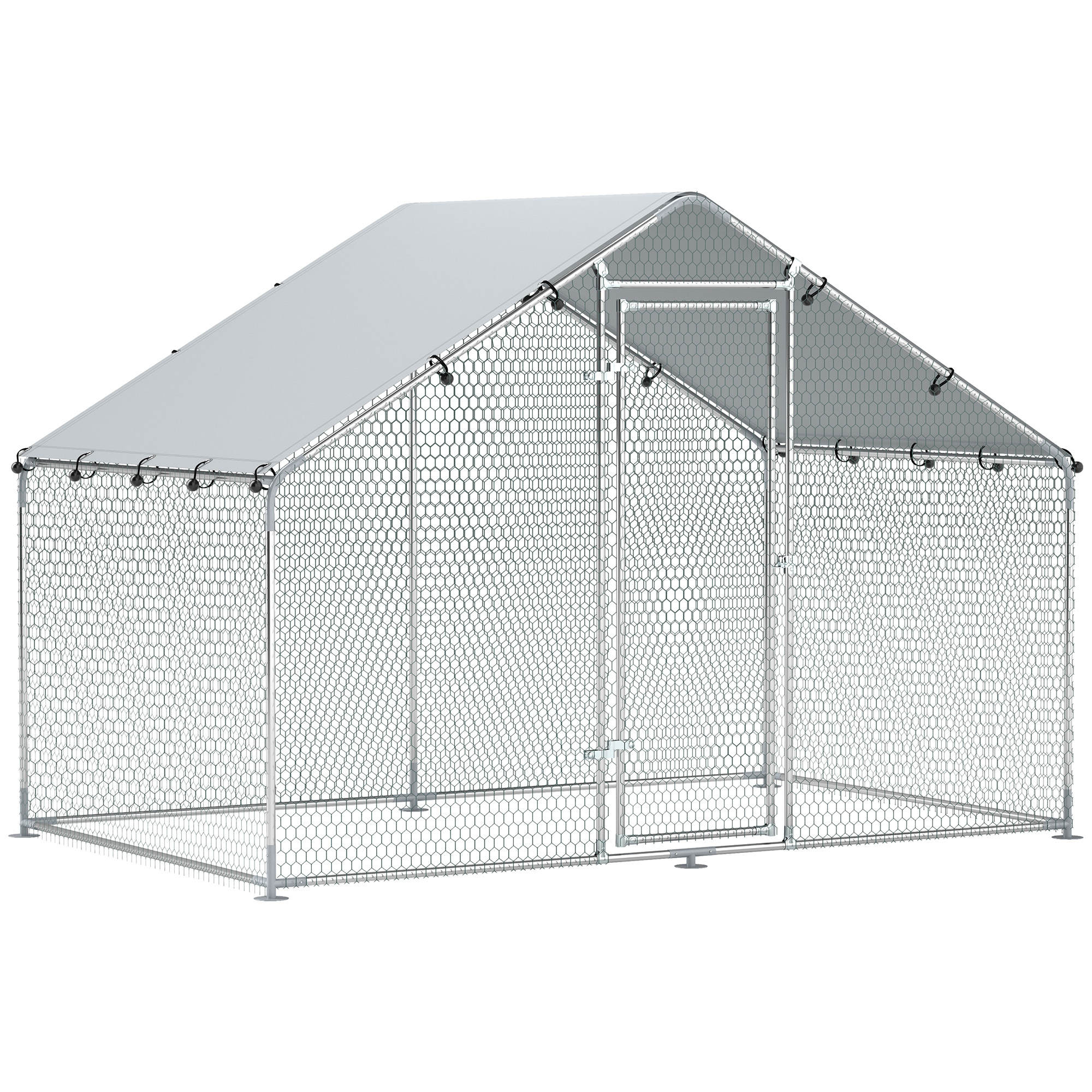 Gaiola para galinhas PawHut, grande galinheiro em m², com cobertura impermeável e resistente a UV, porta, gaiola de aço galvanizado, para 5-8 galinhas, 3x1,7x m, Prata
