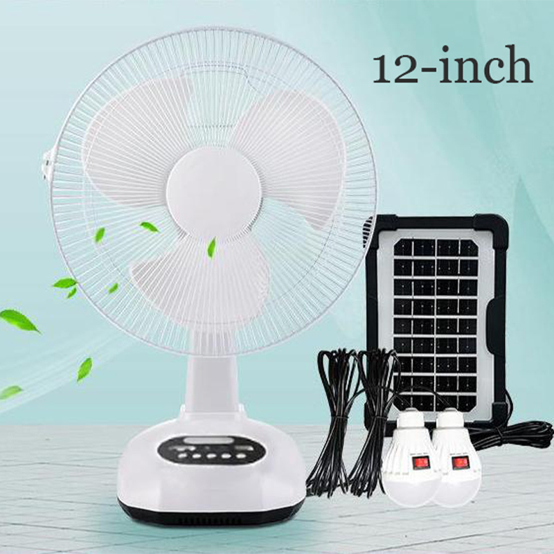 1 Stück 12 Zoll 14400 mAh Akkukapazität tragbarer Solarladeventilator mit 2 Glühbirnen mit LED-Beleuchtung und USB-Telefonladung