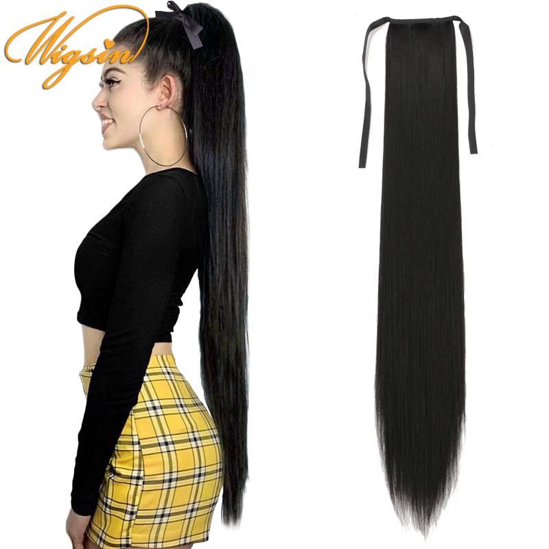 Peluca sintética WIGSIN de 32 pulgadas de largo y recto con cordón, extensión de cabello con Clip, peluca rubia negra para mujer