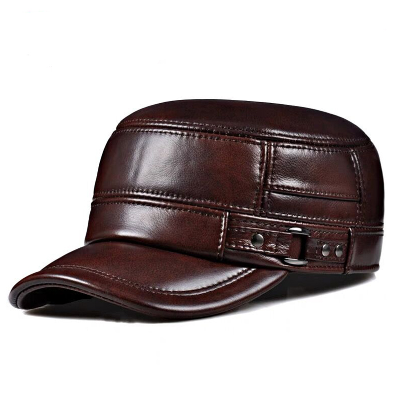 Topi kulit asli untuk pria, topi hangat, topi kulit asli, topi militer, topi Baseball Vintage Inggris untuk pria