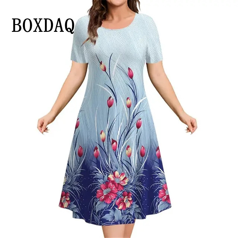Mini vestido com estampa de flores vintage feminino, manga curta, decote em O, solto, plus size, casual, retrô, pulôver, verão, novo