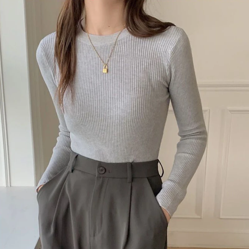 Lucyever-Pull à manches longues et col rond pour femme, coupe couvertes, basique, couleur unie, collection automne hiver