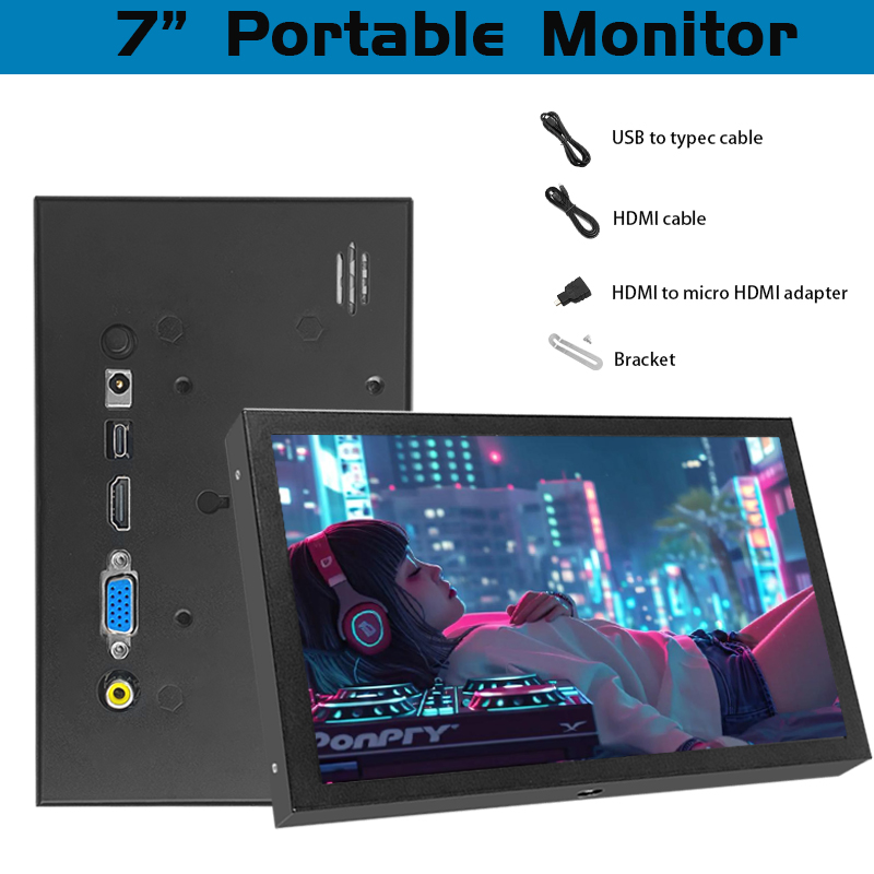 7-calowy mini monitor przenośny HD/VGA z AV BNC, ekran LCD 1024 × 600 IPS, mały wyświetlacz do RPI/PC/TV/DVD/CVBS
